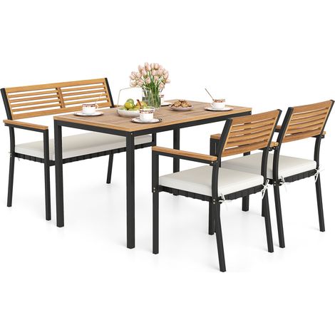 COSTWAY 4-Piece Patio Dining Set Outdoor Wood Metal Furniture-White (1/5)