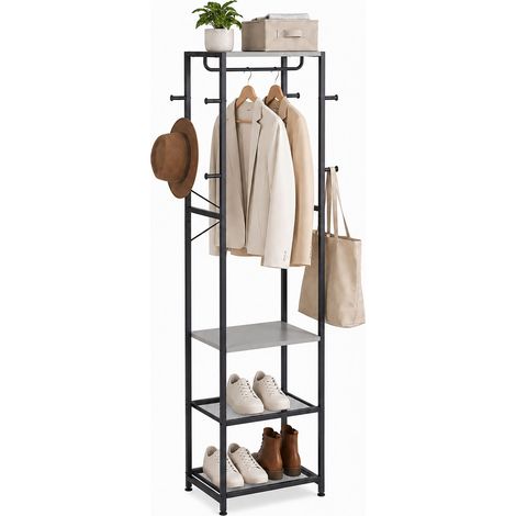 Relaxdays Garderobenständer, 4 Ablagen & 8 Haken HBT: 181x40x28 cm, Jackenständer mit Stange, Flur, Metall, schwarz-grau (1/5)