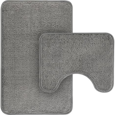 Lot de 2 Tapis de Salle de Bain Antidérapant, Comprenant 1 Tapis de Bain(50 x 80 cm) et 1 Tapis WC (50 x 40 cm), Tapis de Bain en Microfibre à Poils Longs pour Douche, Salle de Bain, Gris