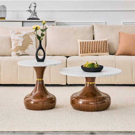 Lot de 2 tables basses rondes Ø70/50 x H42/51,5 cm blanc et noyer, gigognes effet marbre, MEUBLIV (1/5)