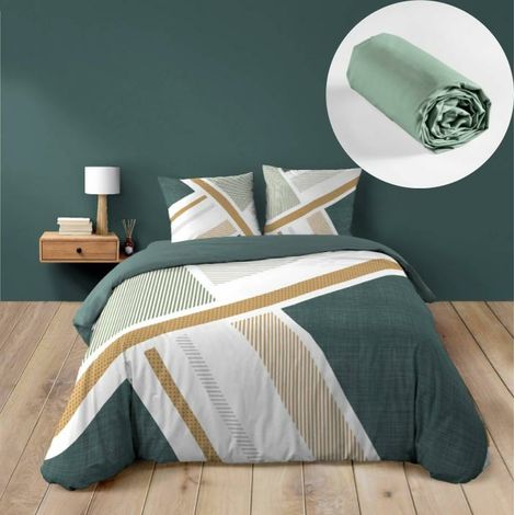 Parure de lit 240 X 220  ZÉPHYR + Drap-housse Sauge 140X190 – 100% coton