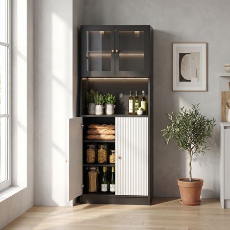 Colonna cucina 70x40x180 cm con LED a 3 colori e passacavi, grande capacità, mobile alto in legno e vetro, nero