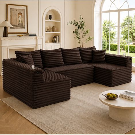 U-Form Sofa 320x155x88 cm braun aus Cord mit Getränkehalter und Seitentasche (1/5)