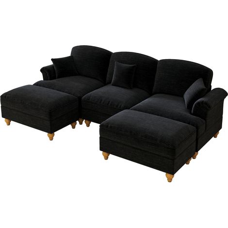 Klassisches modulares U-förmiges Sofa aus Chenille mit Trichter-Armlehnen, abnehmbarer Rüschenschürze, spindelförmigen Beinen & beweglichem Hocker – Weiches, tiefes Cloud-Sofa fürs Wohnzimmer,Schwarz (1/5)