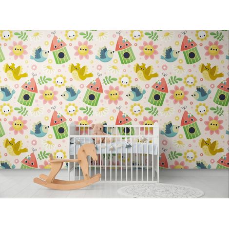 Papier peint enfant – Motifs oiseaux et fleurs - 150 x 250 cm (1/2)