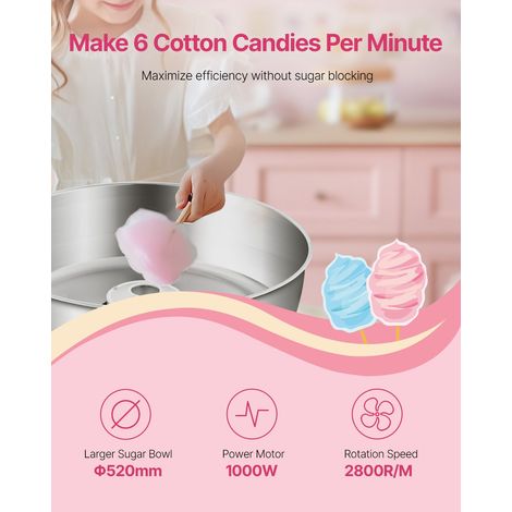 Machine à barbe à papa électrique, 1000 W, appareil à barbe à papa commercial avec bol en acier inoxydable de 52 cm, cuillère à sucre et tiroir, pour anniversaire d'enfant, fête de famille, bleu (1/5)