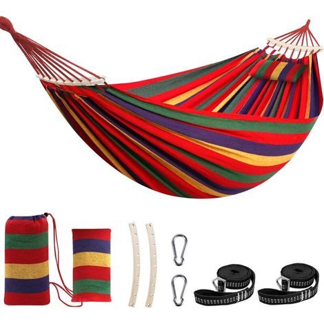 Hamac Coton - 1 Place - Barre Écartement - Support 300KG - Camping Jardin - Avec Oreiller Et Sangles (1/5)