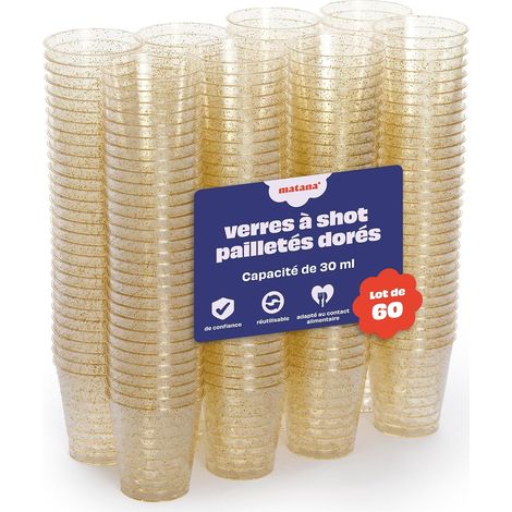 60 Verres à Shot Réutilisables - Plastique Transparent Pailleté Or - 30ml pour Fêtes et Mariages - Design Élégant et Durable (1/5)