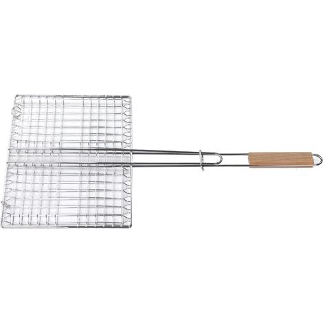 Grill basket, chrome-plated steel fish basket with beechwood handle, lockable grill for even heat distribution and easy turning, for seafood and meat (1/5)