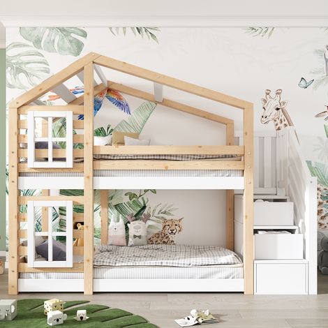 Lit superposé cabane enfant 90x200 - 2 couchages - escalier latéral avec rangements - design maison avec fenêtres - blanc (1/5)