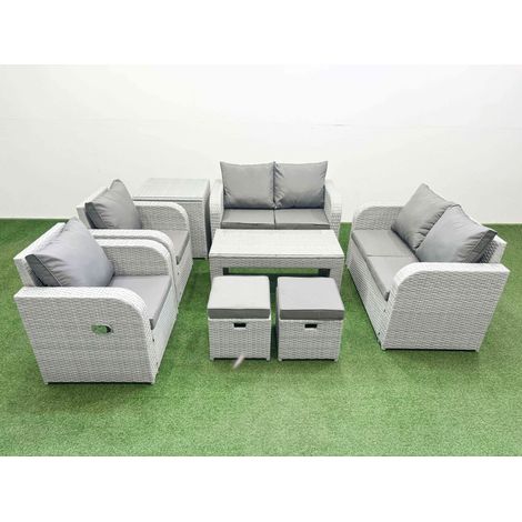 Fimous 8 Seater Outdoor Reclining Chair Love Sofa Set Rattan Garden Furniture Set with Oblong Coffee Table 2 Stools Side Table Light Grey (1/4)