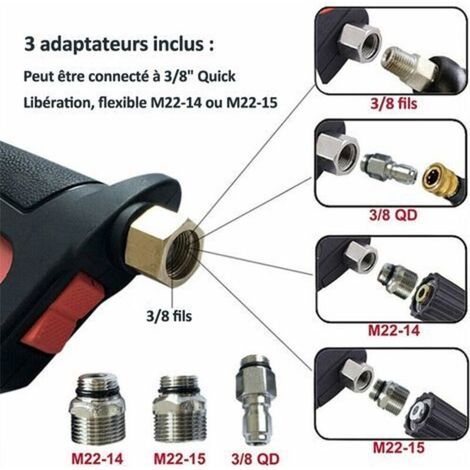 Pistolet lavage haute pression avec 5 buses – Pression 4000 PSI, raccord M22 – Adaptable sur nettoyeurs pour mousse ou jet rotatif