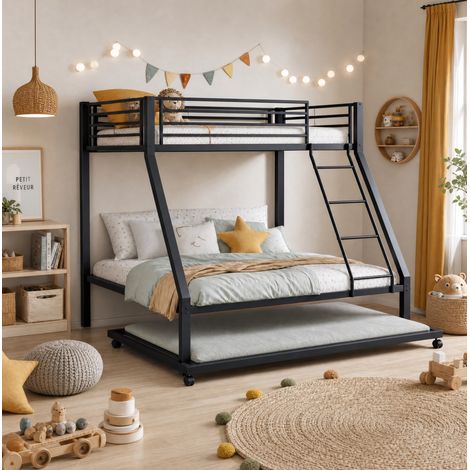 Schwarzes Metall-Etagenbett 90x200 und 140x200 cm mit Ausziehbett 90x190 cm und Leiter (1/5)