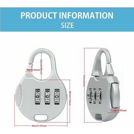 Cadenas sans clé sécurisé avec combinaison à 3 chiffres réinitialisable, adapté aux valises, casiers de gymnase scolaire, etc. Deux coloris disponibles : argent et bleu. (1/4)