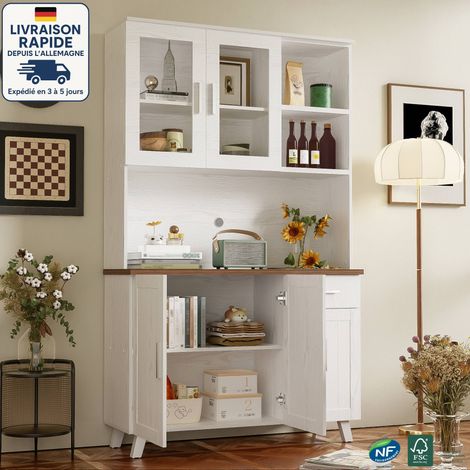 Buffet 114x40x190 avec 5 portes et étagères de rangement ouvertes, 1 tiroir, aggloméré, blanc. (1/5)