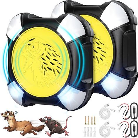 2 Unité Anti Rongeur Voiture, Repulsif Ultrason Anti Loir et Anti Martre, Alimentation 12V pour Voiture et USB, Anti Rongeur avec Lumière Adapté aux Voitures, Garages et Greniers (1/5)