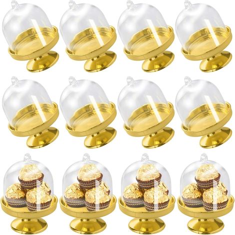 Lot de 12 mini cloches à gâteaux dorées, petit support à gâteau en plastique, mini plateau à gâteaux avec couvercle transparent pour mariage, décoration de table, anniversaire, 8 x 5,5 x 5,5 cm (1/5)