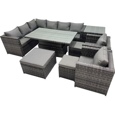 Fimous 11-seater Height Adjustable Rising Lifting Table Corner Sofa Set Rattan Garden Furniture Dining Set with 3 Stool Side Table Dark Grey Mixed (1/5)