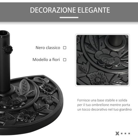Base parasol demi-cercle 9 kg, béton métal HDPE, motifs fleurs, Ø50x32x32 cm, noir (1/5)