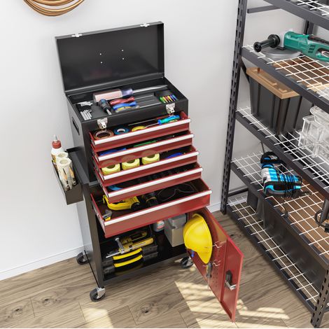 Carrello officina con 5 cassetti in acciaio nero e rosso OKWISH (1/5)