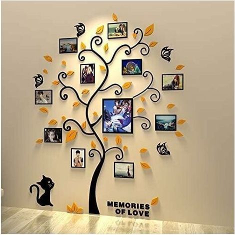 Removable 3D Acrylic Tree Wall Stickers with Curved Branches and Photo Frames (Black Leaves) (1/4)