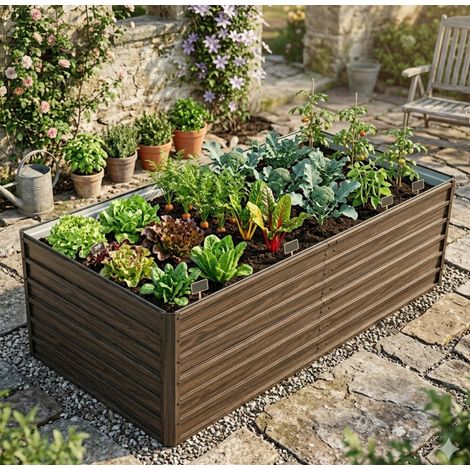 REDOM - Letto da giardino rialzato - 190x90x64 cm - base aperta - barre di rinforzo- metallo - color legno