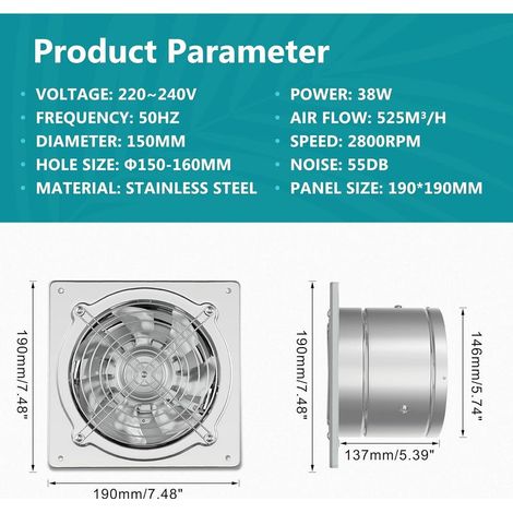 Extracteur d'air 150mm Ventilateur Mural 525m³/h avec Clapet Anti-Retour Matériau Métallique avec EU Plug pour Bureau Grenier Garage Cuisine (1/5)