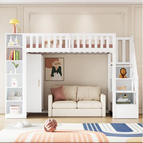 Hochbett 90x200 cm mit Regalen, Schrank und weißer Sicherheitsleiter HAVRYA (1/5)