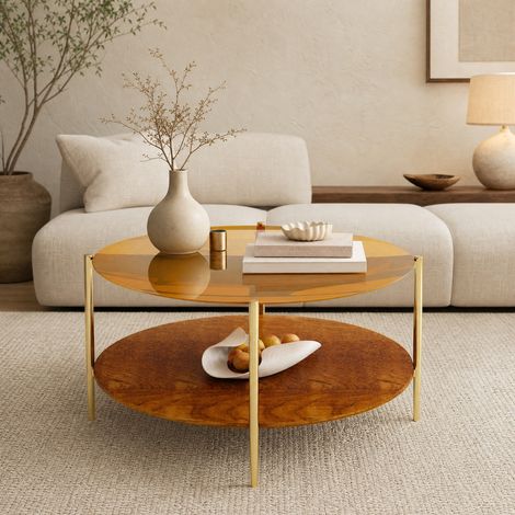 Mesa de centro redonda de vidrio templado dorado y madera, 82 cm, estructura metálica (1/5)