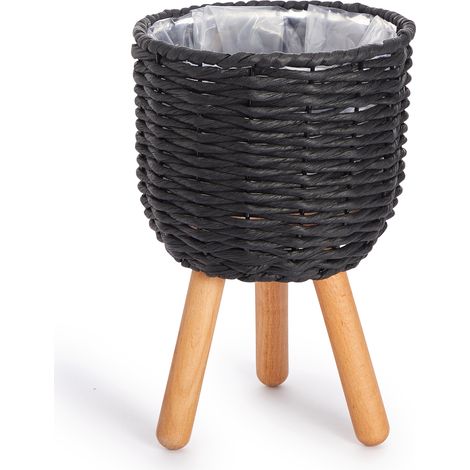 Paco Home Blumentopf Übertopf Groß Blumenkübel Innen Pflanzentopf Set Korb Geflochten Holz Schwarz, 2pcs Set / Design 3