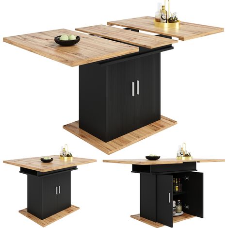 Mesa de Comedor Extensible para 6 a 8 Personas con Armario de Almacenaje y Estante Ajustable en MDF Negro (1/5)