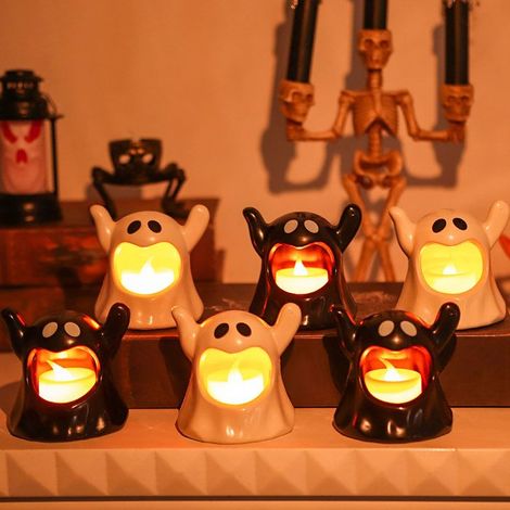 Set 2 bougies LED fantôme, déco Halloween, sans flamme, à piles, figurines lumineuses pour fête (1/5)