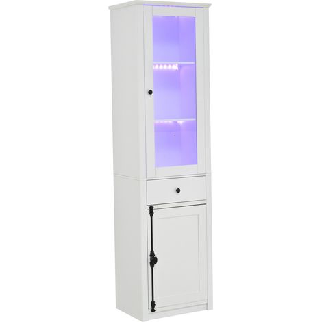 Hohe Vitrine 55 x 40 x 200 cm mit LED, 1 Schublade, 2 Türen, weiß (1/5)