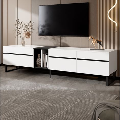 Meuble TV en panneaux de particules blanc 180 x 38 x 45 cm, rangement avec abattant, niche ouverte et 2 portes (1/5)