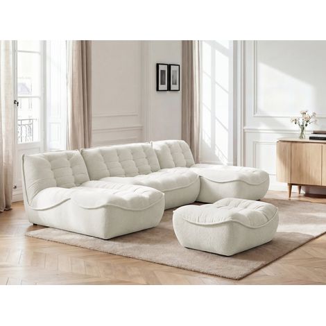 BOBOCHIC - Canapé panoramique fixe modulable SERENA tissu chiné avec pouf   Blanc