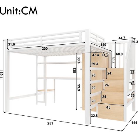 Lit mezzanine en métal 140x200 cm avec bureau, étagère, armoire et escalier de rangement, blanc (1/5)