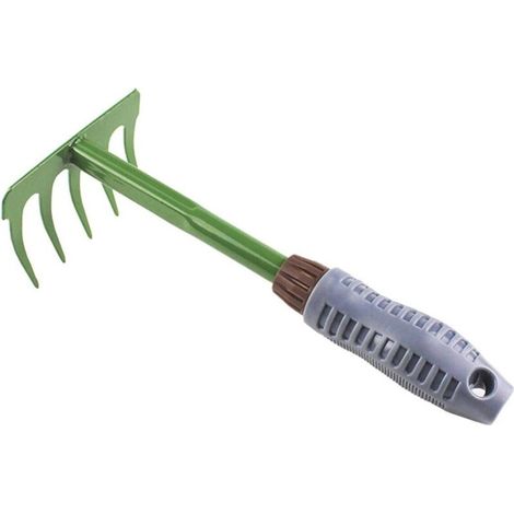 Râteau à cinq dents - outil de jardinage avec manche en plastique - pour planter, fleurir, ameublir le sol - vert (1/3)