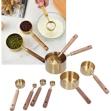 Lot de 8 tasses à mesurer en acier inoxydable avec manche en bois, balance de barman, cuillère doseuse, outil de pâtisserie (1/5)