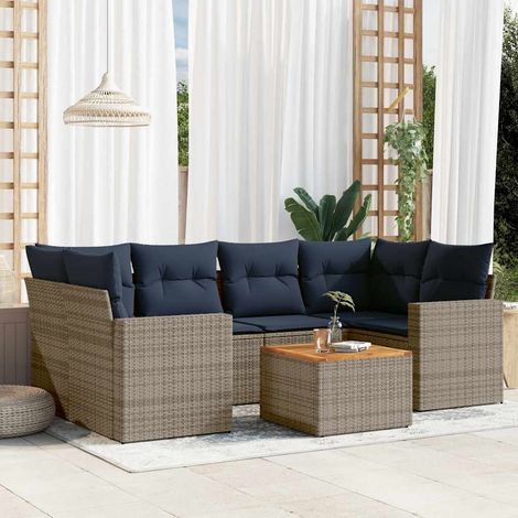 Set de sofás de jardín 7 pzas con cojines ratán sintético gris vidaXL (1/5)