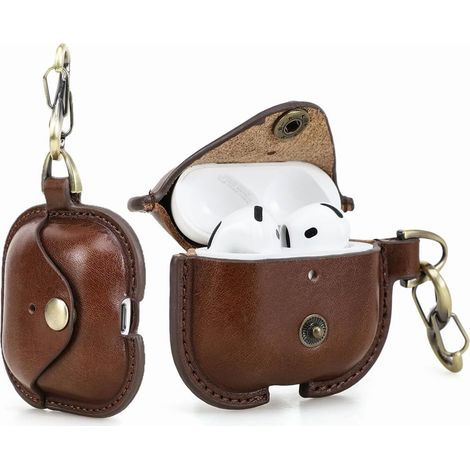 Coque pour AirPods 4 en cuir pleine fleur Hiram, support protecteur pour écouteurs Bluetooth sans fil compatible avec la 4ème génération d'AirPods 2024, avec porte-clés et bouton métallique (1/4)