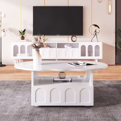 Table basse blanche forme nuage 100 x 60 x 40,5 cm, 1 tiroir push-to-open à motif ondulé et rangement ouvert (1/5)