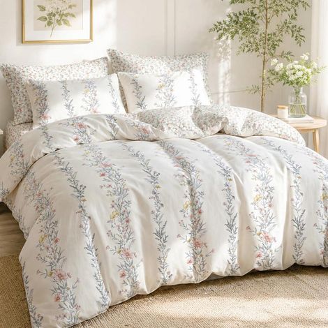 Bettwäsche-Set 155x220cm 2-teilig, cremeweiß mit vertikalen Wildblumen, Mikrofaser