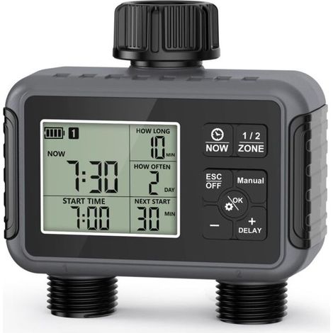 Ordinateur d'irrigation 2 sorties, minuterie d'arrosage de jardin avec retard de pluie/mode automatique et manuel, IPX5 étanche/grand écran LCD, contrôle de l'arrosage (1/5)