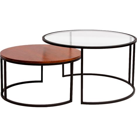 Runde ineinander stapelbare Couchtische aus gehärtetem Glas, massives, gebeiztes Mangoholz und schwarzes Metall (Set aus 2) TAHL