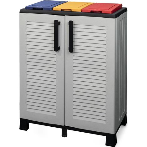 Dmora - Pattumiera Tremolite, Cestino portarifiuti, Bidone per raccolta differenziata a 2 ante, 100% Made in Italy, 68x37h90 cm, Grigio chiaro e Multicolore