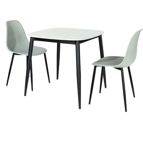 Aspen Gloss White Sintered Stone Square Table & 2 Grey Cruve Chair Set - Metal/Plastic - L52 x W46 x H84 cm