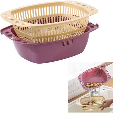 Corbeille double pour fruits et légumes - Panier lavage et égouttage 2 en 1 - Plastique durable - Compact 23x32.5cm - 2 pièces (1/5)