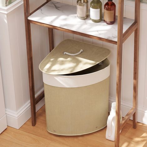 Panier à linge d'angle en bambou tressé, 55 litres, sac en tissu, structure en métal, crème (1/5)