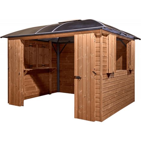 Quiosco bar piscina caseta jardín cenador 360x300 cm – Techo de abeto tratado térmicamente y policarbonato de 6 mm – Estructura de aluminio – GL3630TH Foresta
