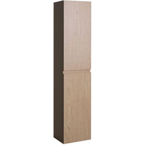 Mob-In – Colonne de salle de bain suspendue 140 cm – Système de portes réversibles – 4 étagères dont 2 réglables – Finition chêne naturel